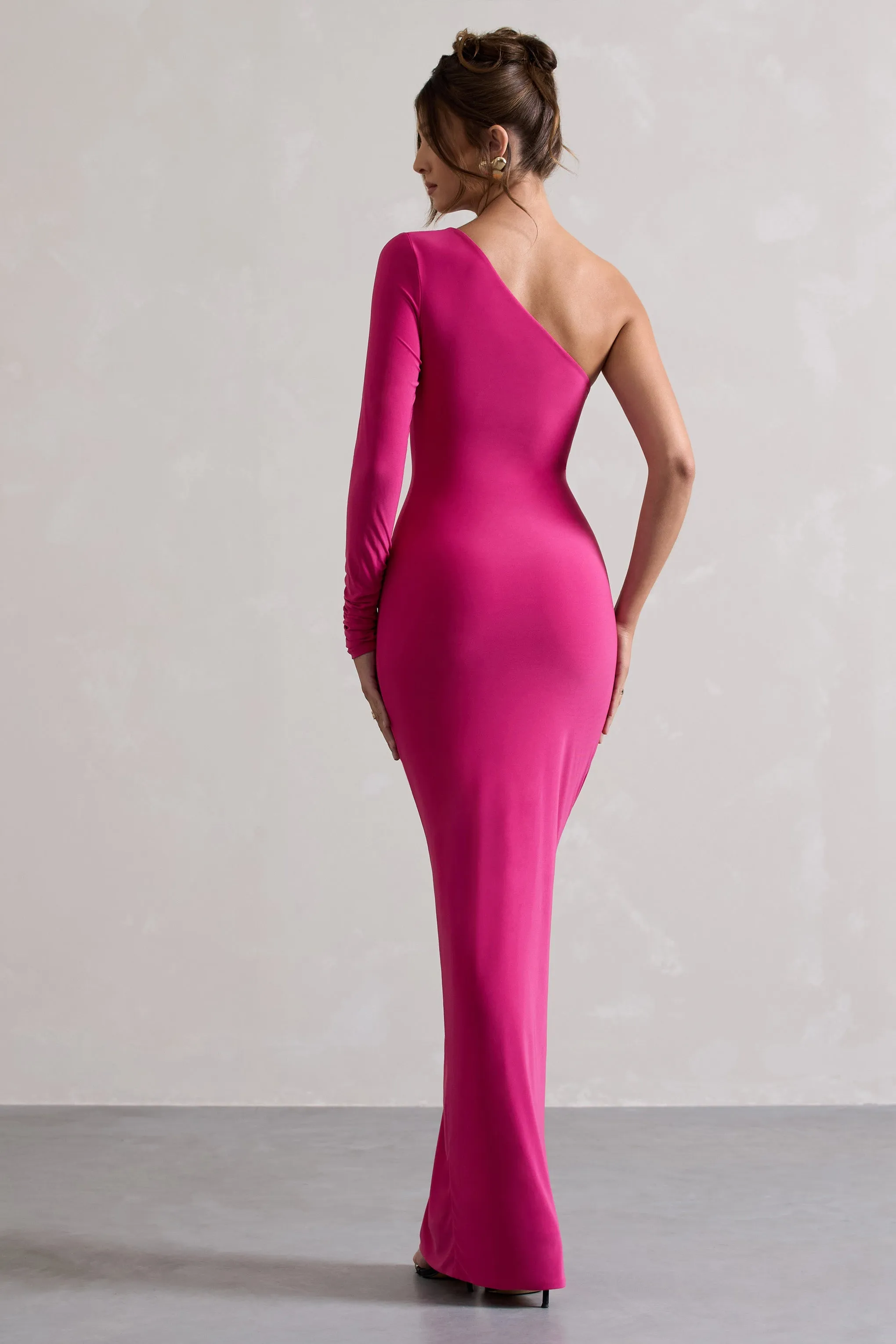 Anima | Robe longue asymétrique rose à une manche et froncée