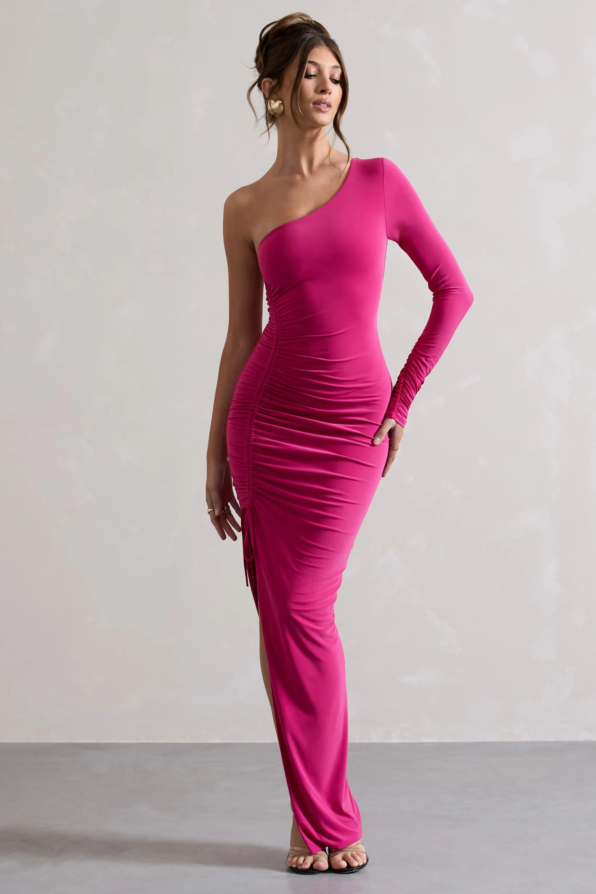 Anima | Robe longue asymétrique rose à une manche et froncée