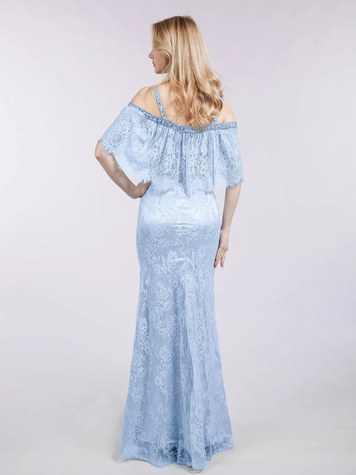 Bretelle Spaghetti Sirène Dentelle Robe Bleu Ciel