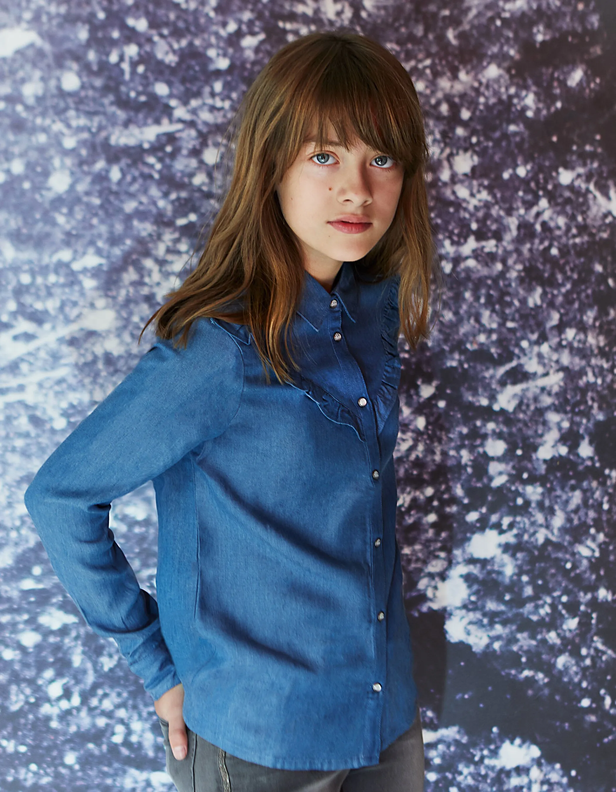 Chemise en jean bleu à volants fille