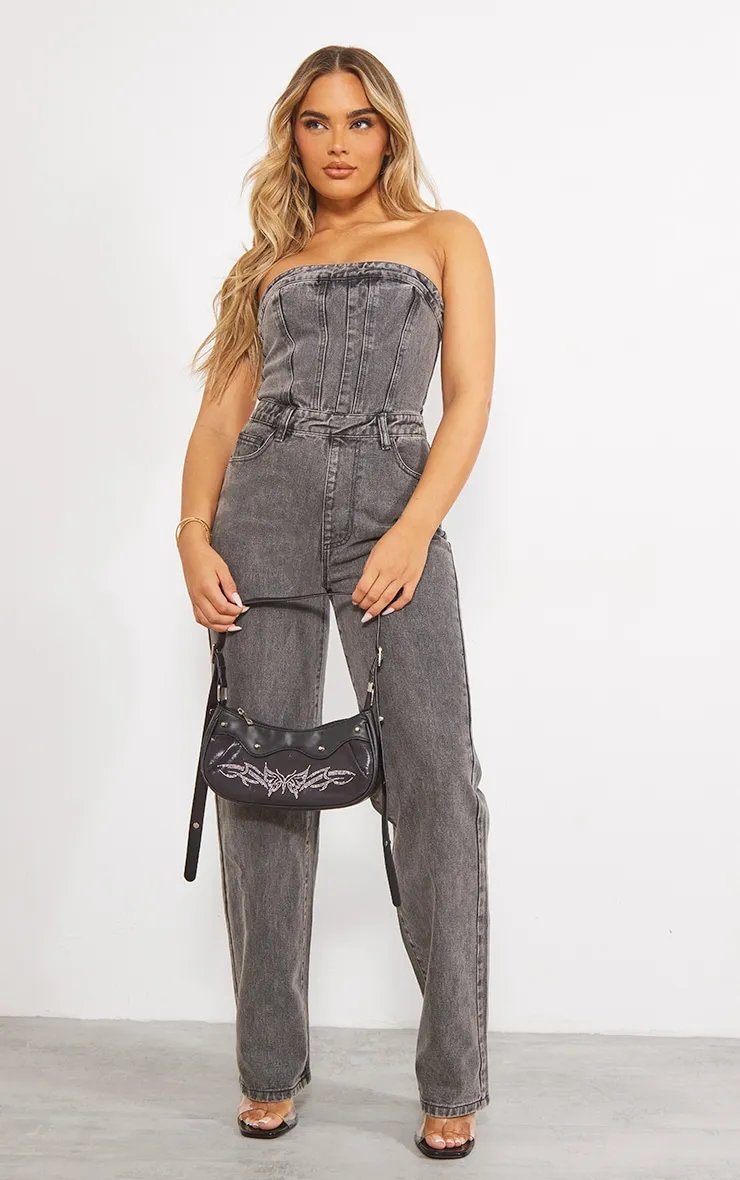 Combinaison bustier en jean gris anthracite délavé