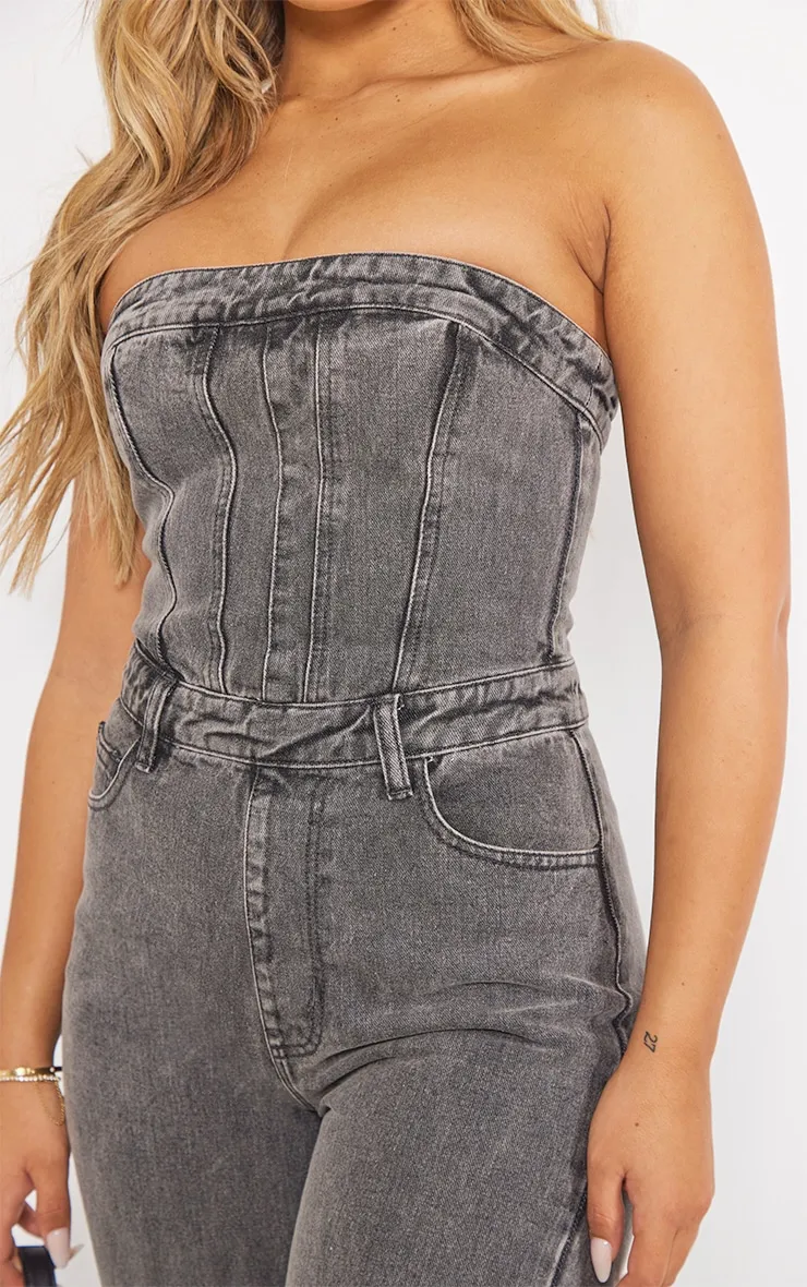 Combinaison bustier en jean gris anthracite délavé