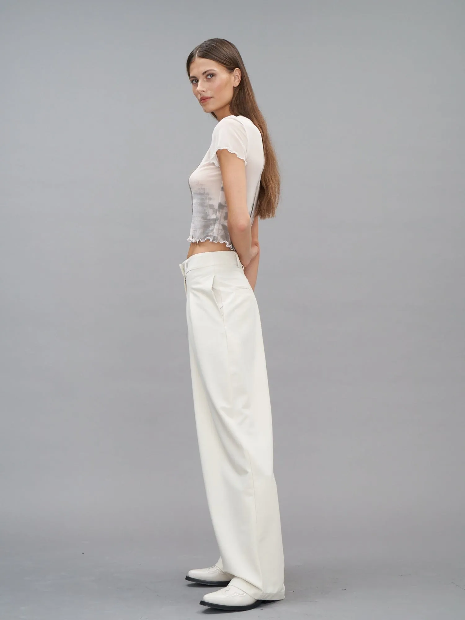 GILBERT - Pantalon taille haute à pinces en twill de laine stretch Oeko Tex Ecru