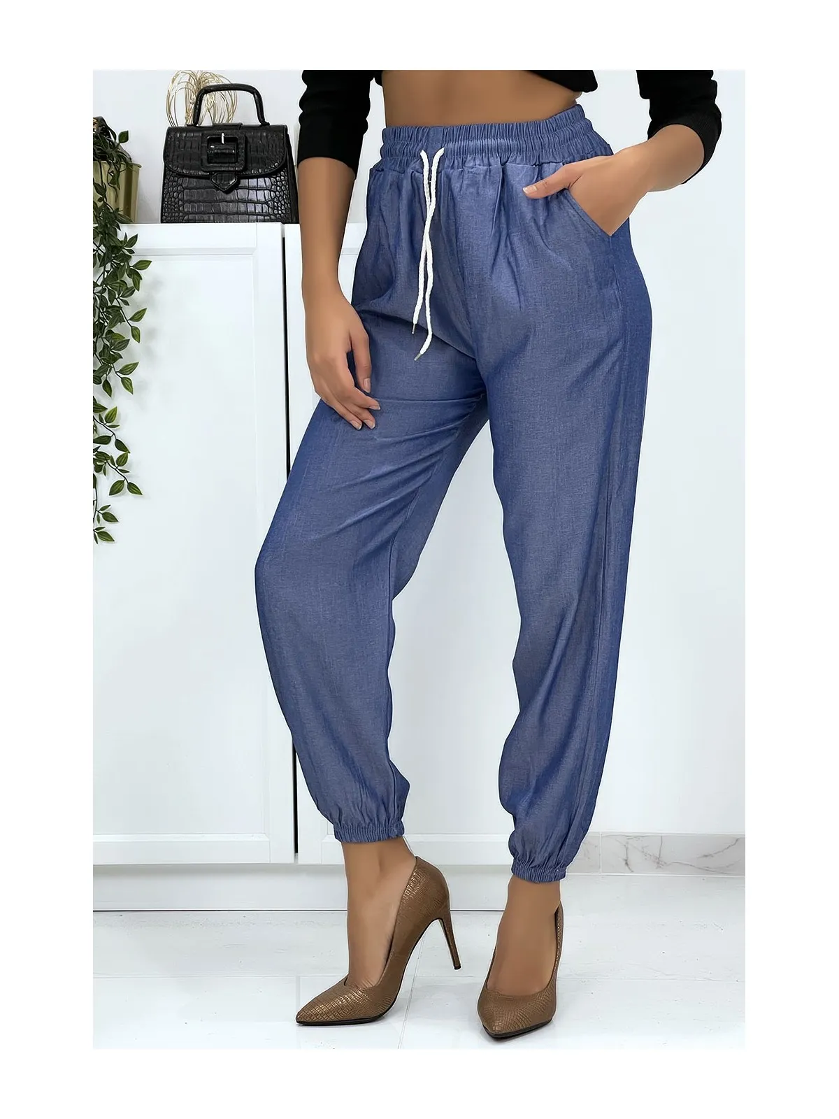 Pantalon cargo effet jean bleu royal