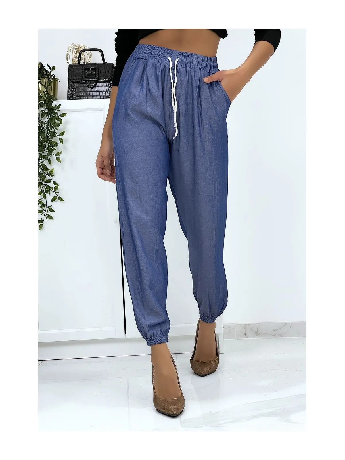 Pantalon cargo effet jean bleu royal