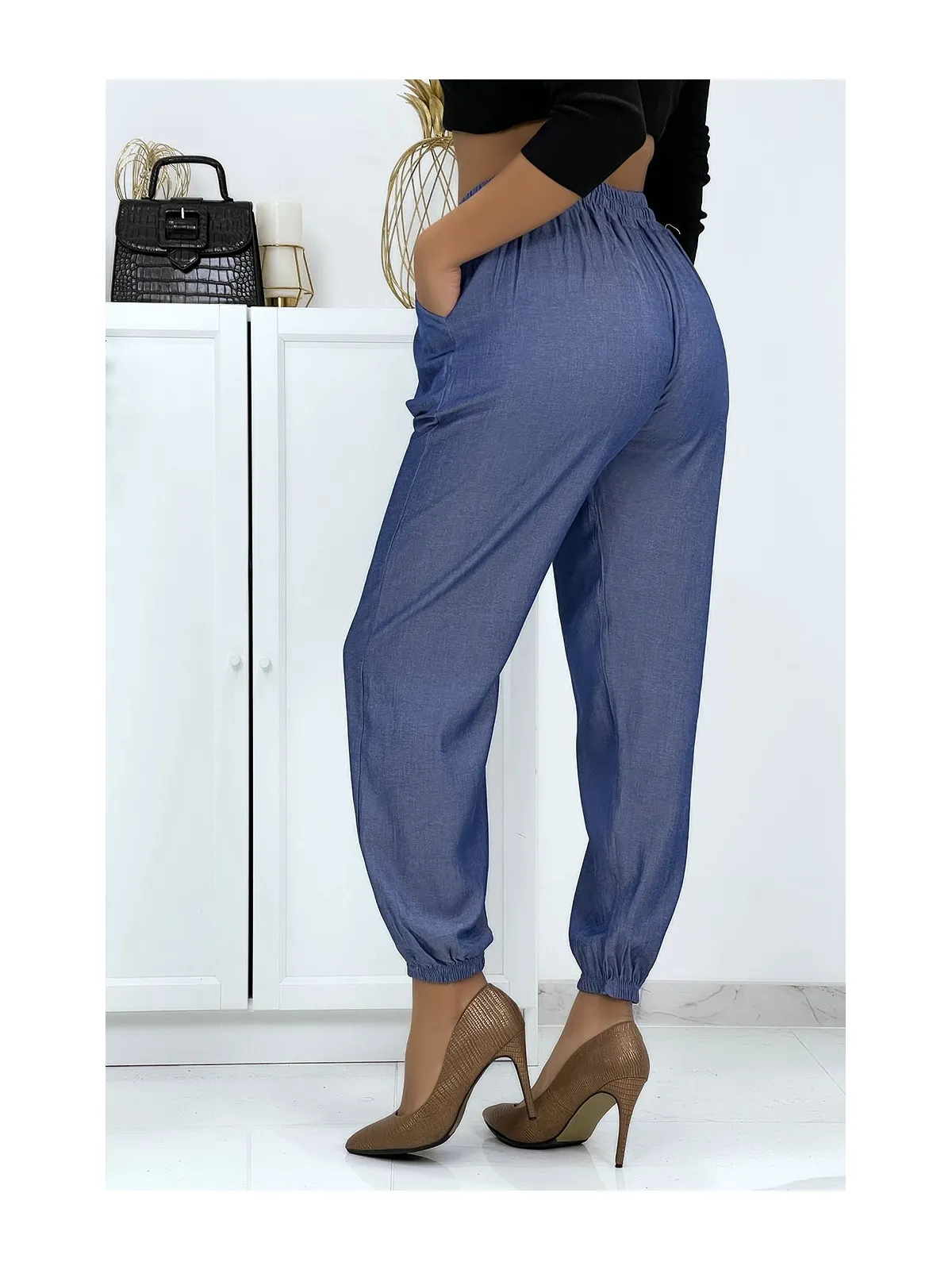 Pantalon cargo effet jean bleu royal