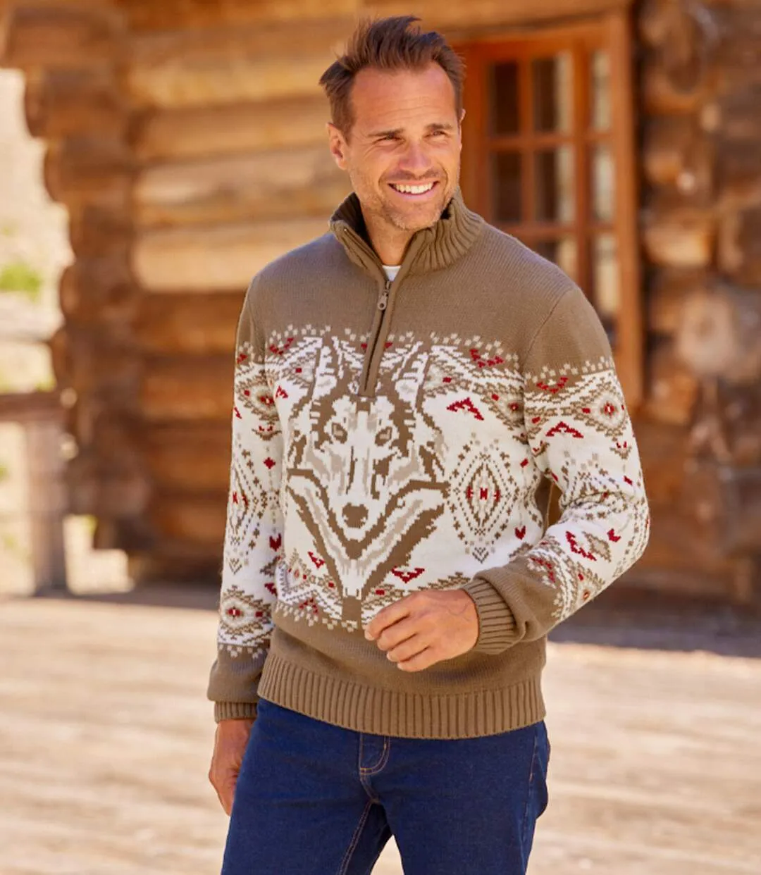 Pull Camionneur Jacquard Motif Loup 