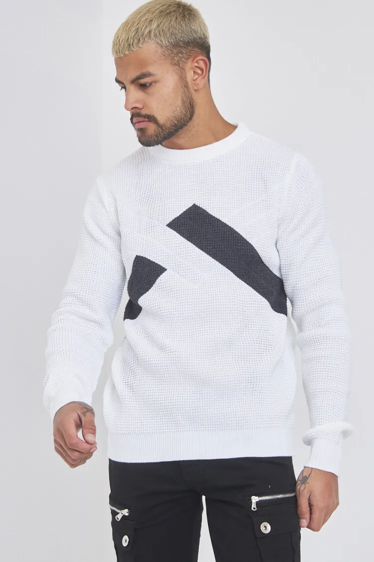 Pull en maille blanc bandes grises