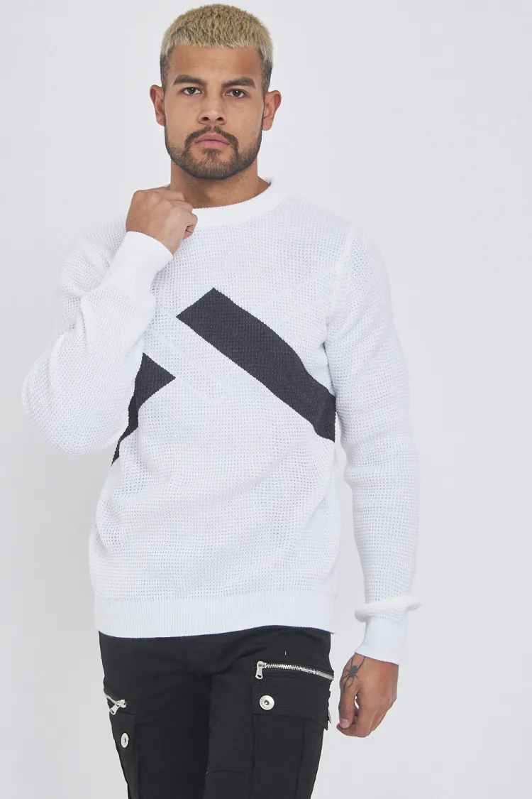 Pull en maille blanc bandes grises