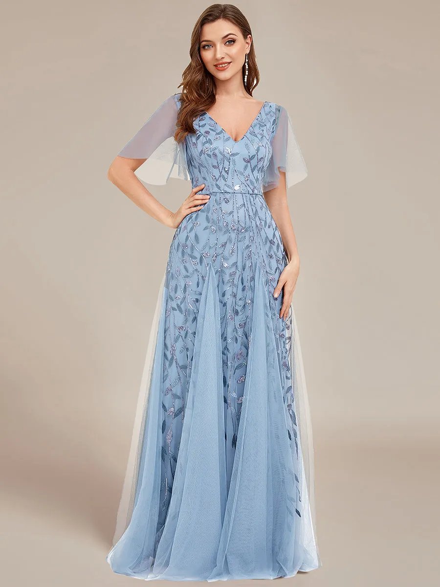 Robe d'Invité de Superbe Mariage Longue à Col en V et Manches à Volants