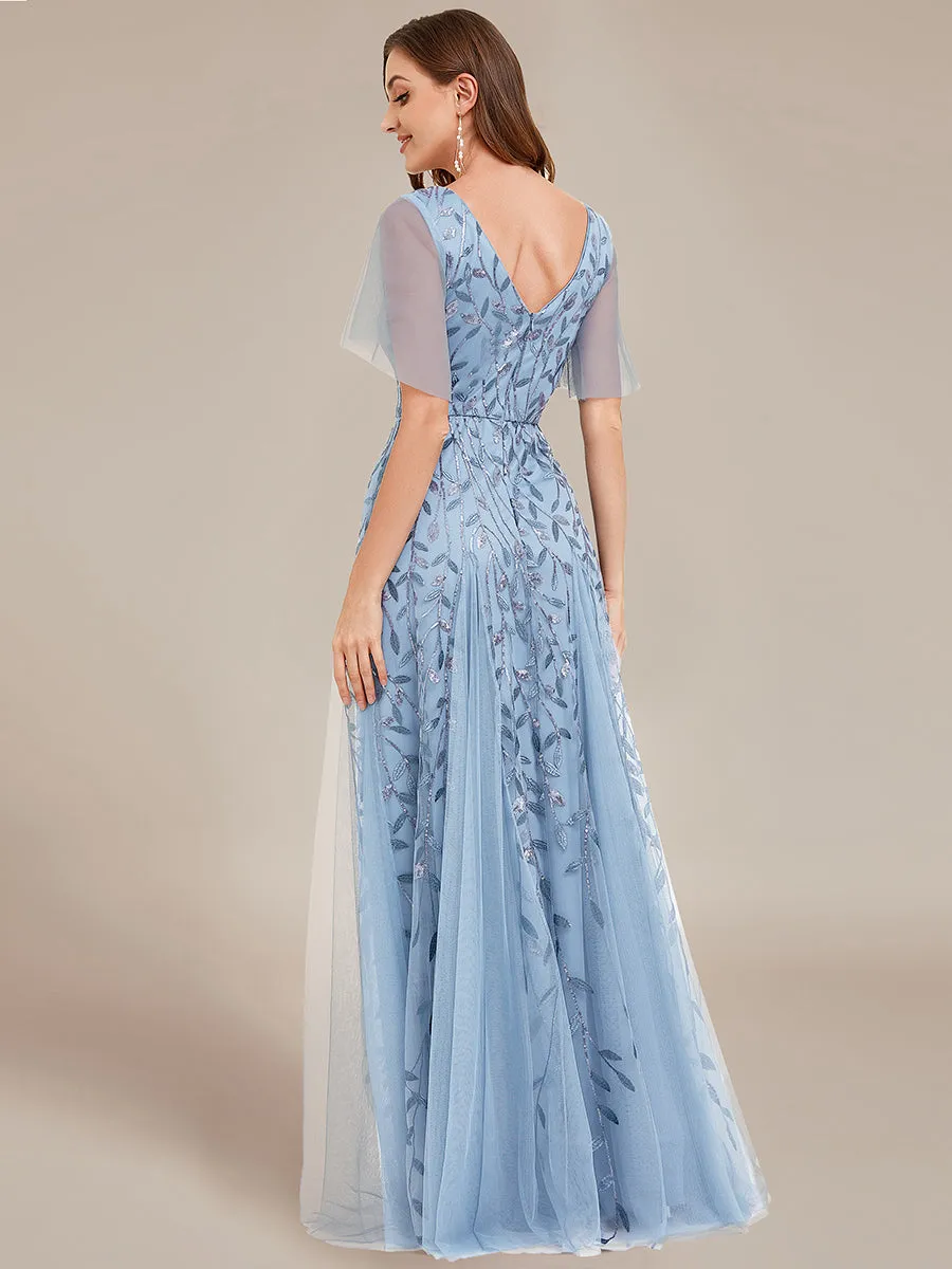 Robe d'Invité de Superbe Mariage Longue à Col en V et Manches à Volants