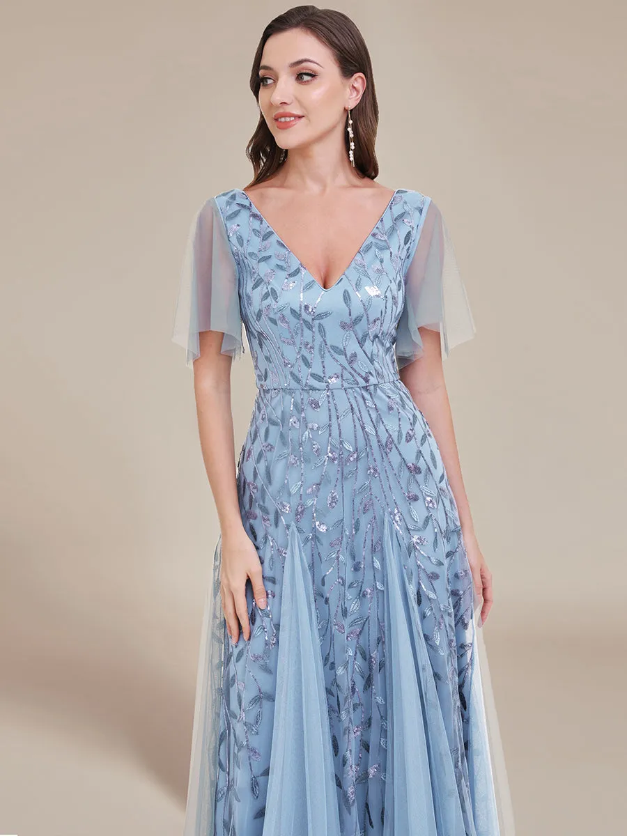 Robe d'Invité de Superbe Mariage Longue à Col en V et Manches à Volants