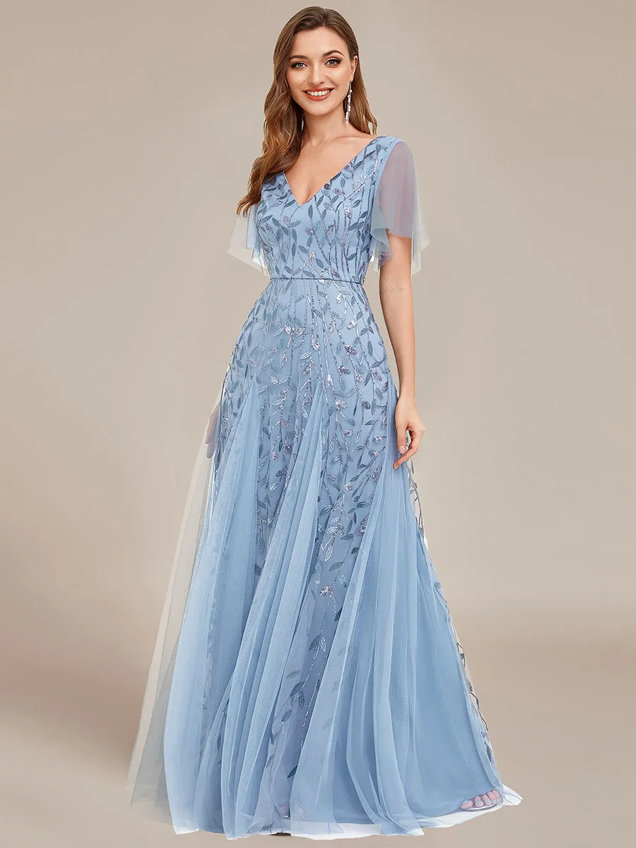 Robe d'Invité de Superbe Mariage Longue à Col en V et Manches à Volants