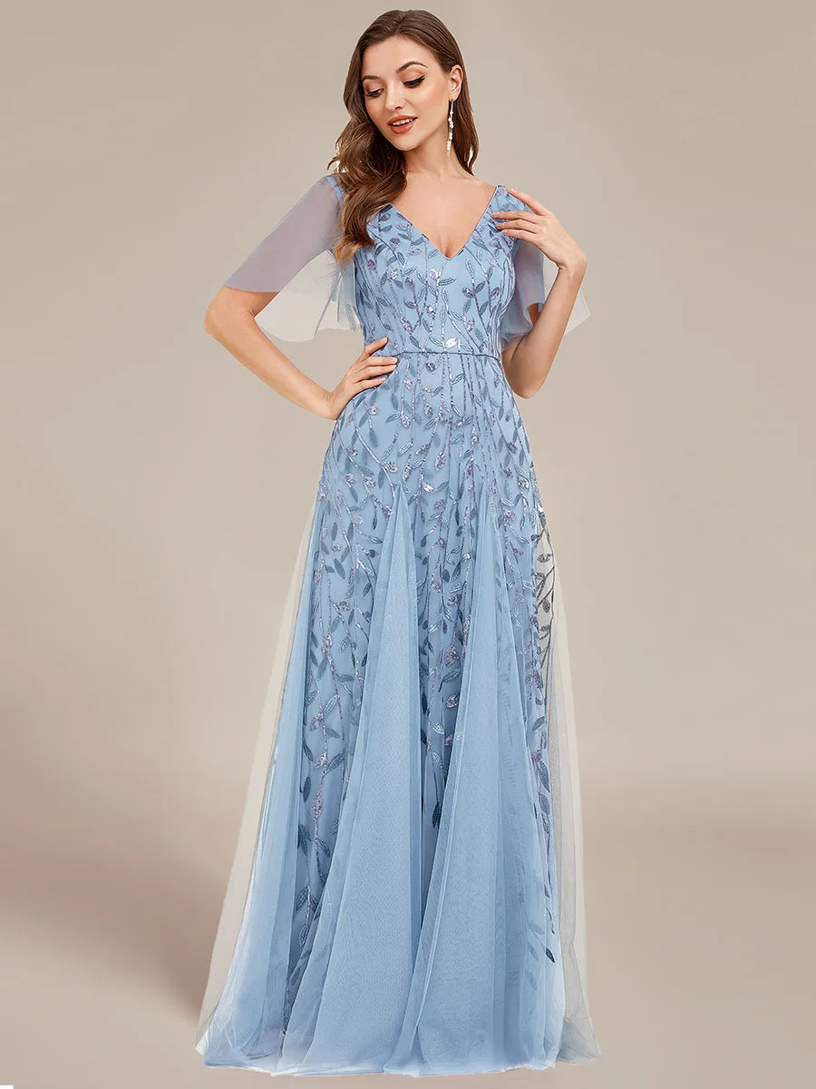 Robe d'Invité de Superbe Mariage Longue à Col en V et Manches à Volants