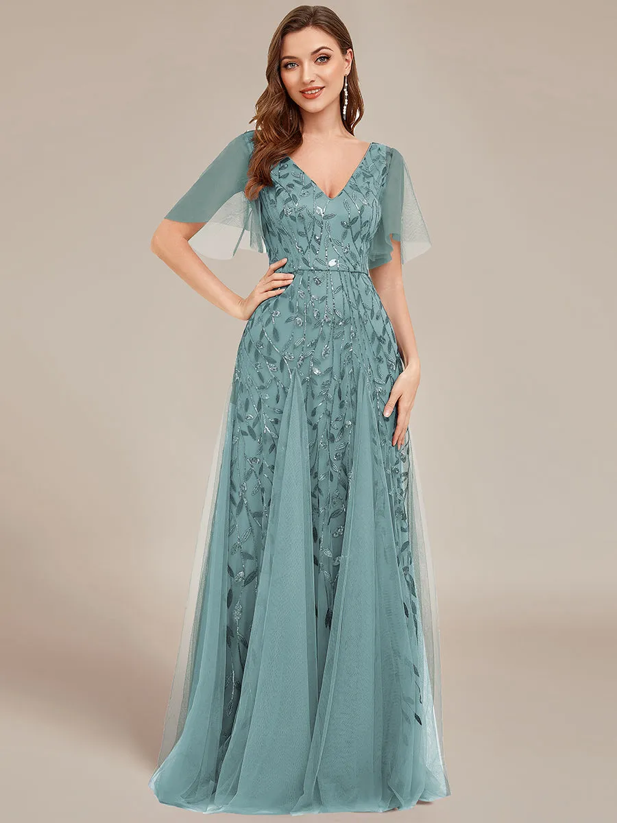 Robe d'Invité de Superbe Mariage Longue à Col en V et Manches à Volants