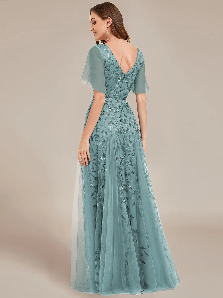 Robe d'Invité de Superbe Mariage Longue à Col en V et Manches à Volants