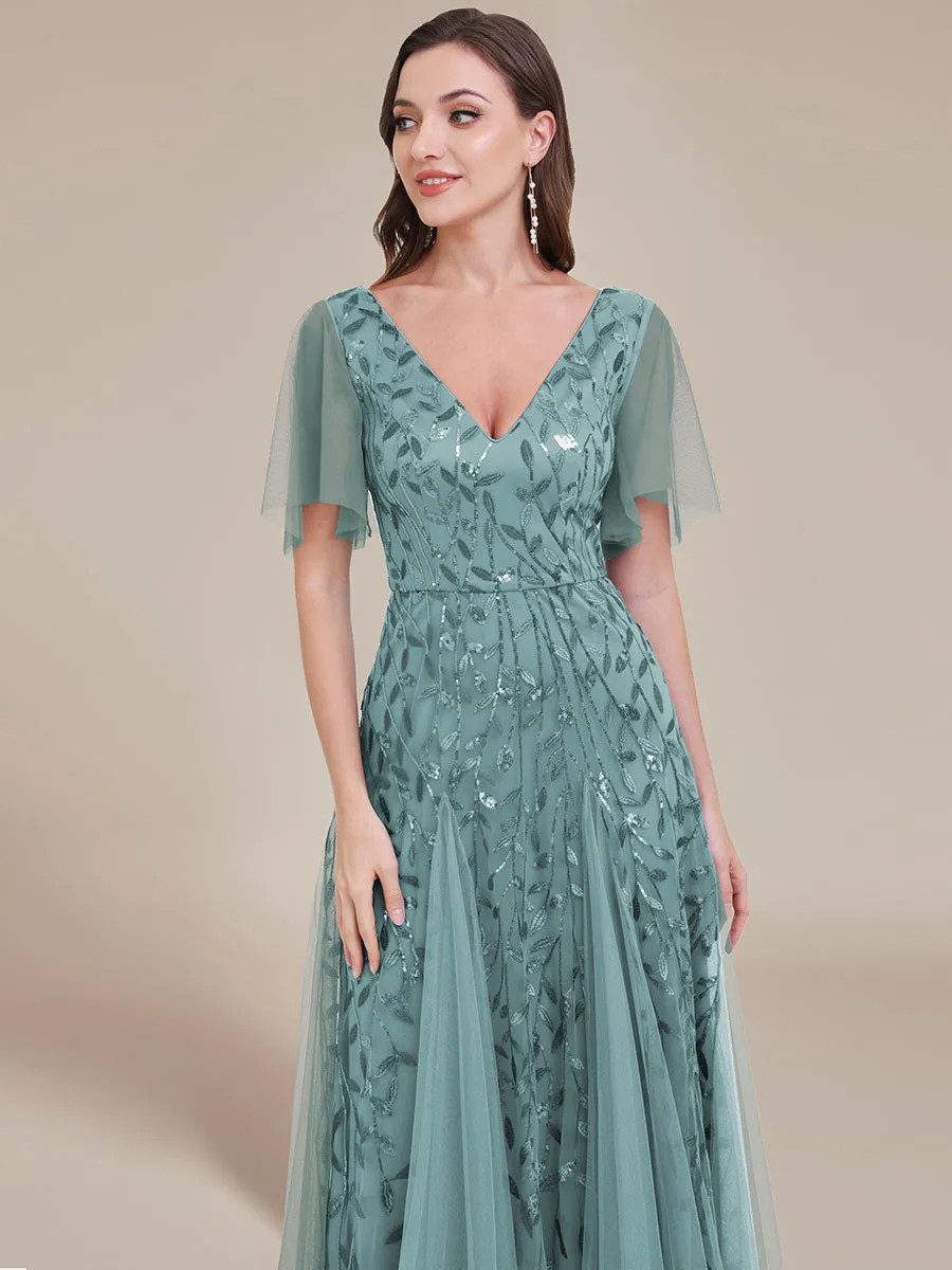 Robe d'Invité de Superbe Mariage Longue à Col en V et Manches à Volants