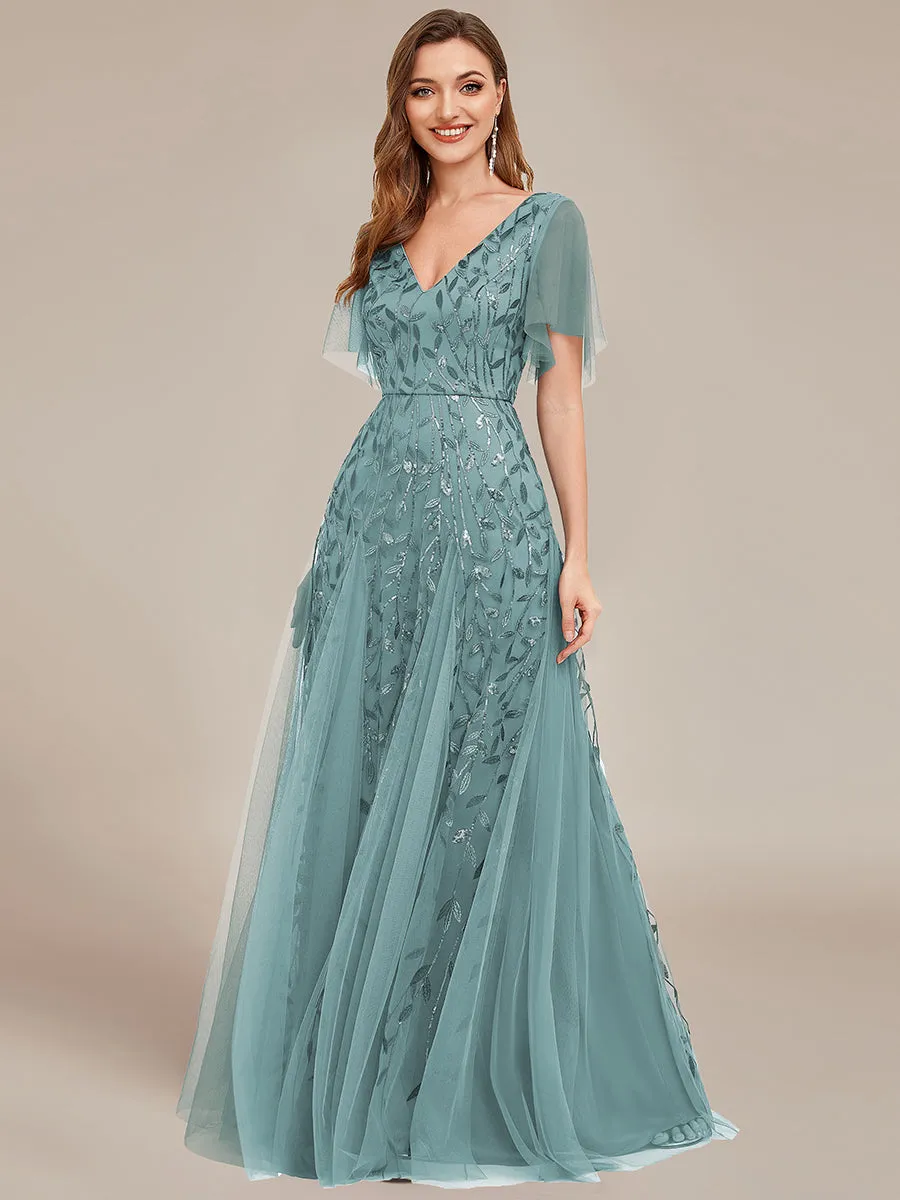 Robe d'Invité de Superbe Mariage Longue à Col en V et Manches à Volants