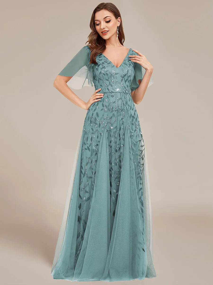 Robe d'Invité de Superbe Mariage Longue à Col en V et Manches à Volants