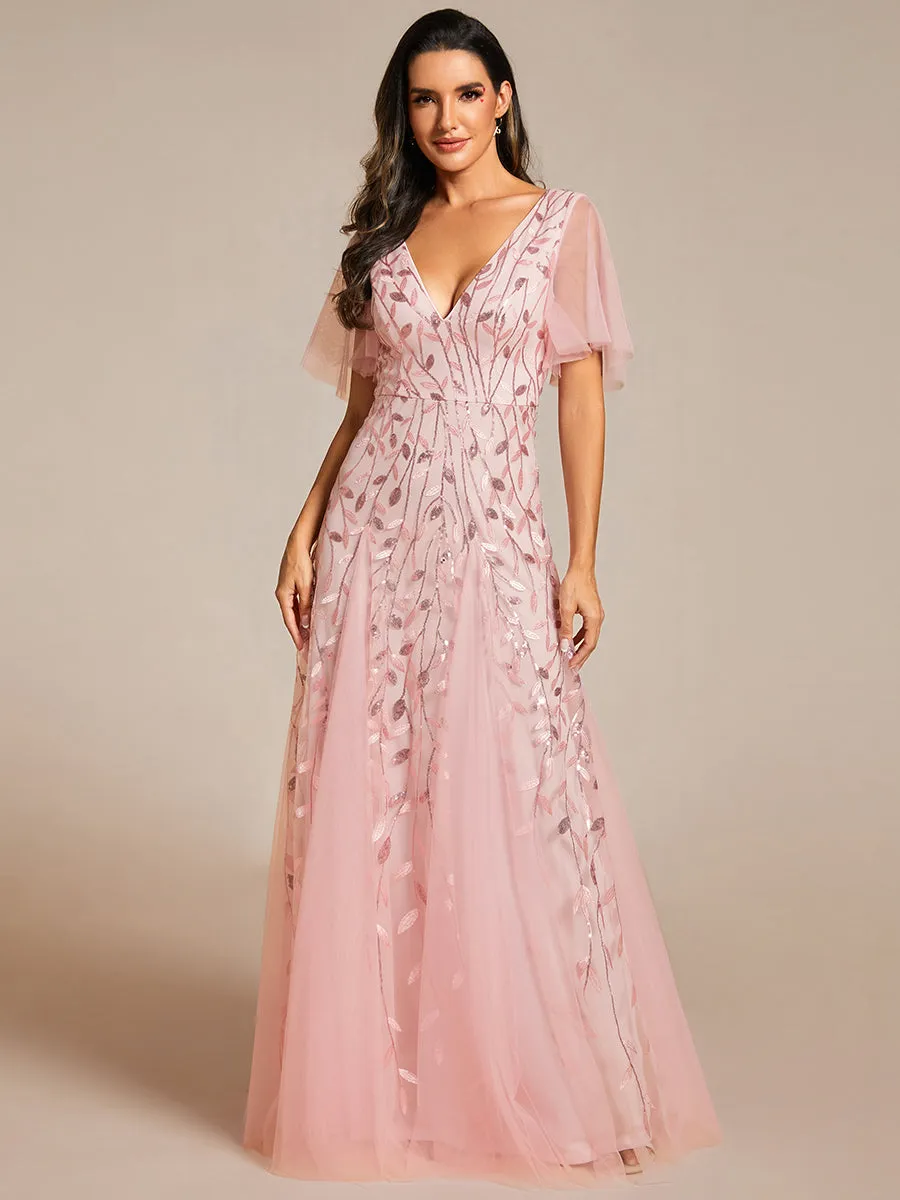 Robe d'Invité de Superbe Mariage Longue à Col en V et Manches à Volants