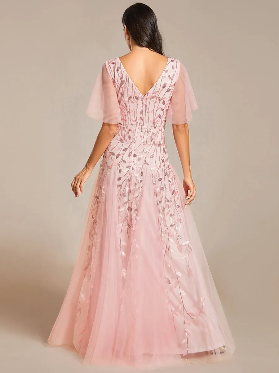 Robe d'Invité de Superbe Mariage Longue à Col en V et Manches à Volants