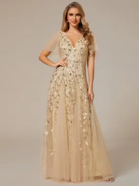 Robe d'Invité de Superbe Mariage Longue à Col en V et Manches à Volants