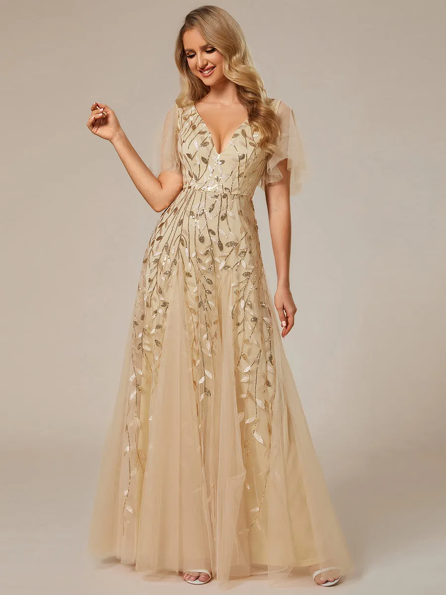 Robe d'Invité de Superbe Mariage Longue à Col en V et Manches à Volants