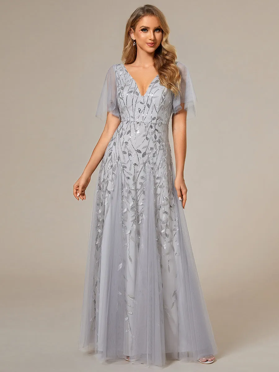 Robe d'Invité de Superbe Mariage Longue à Col en V et Manches à Volants