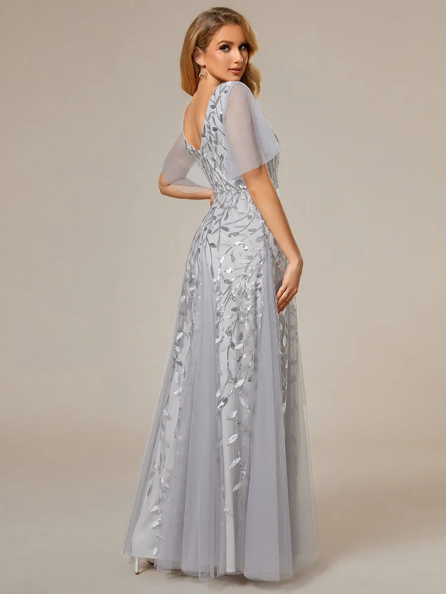 Robe d'Invité de Superbe Mariage Longue à Col en V et Manches à Volants