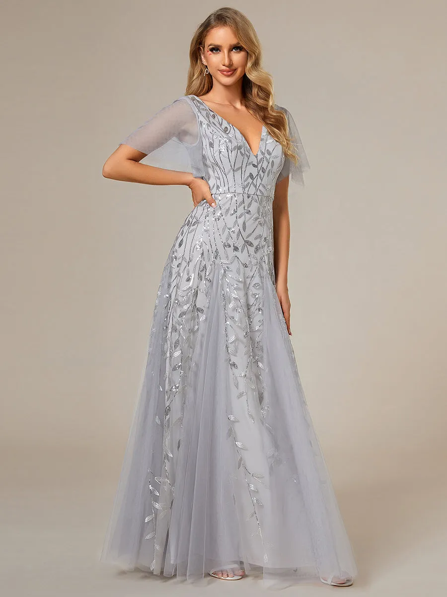 Robe d'Invité de Superbe Mariage Longue à Col en V et Manches à Volants