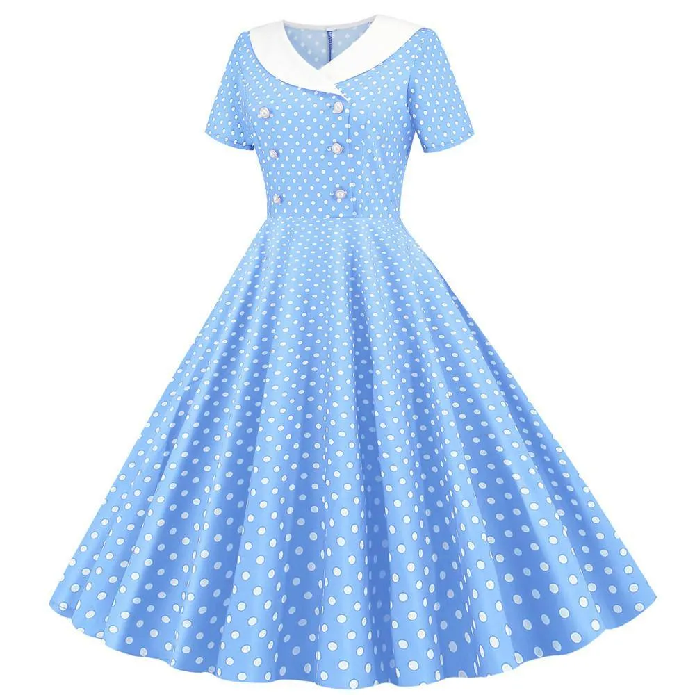 Robe vintage Bleue Ciel à Pois Blancs 50's Classe