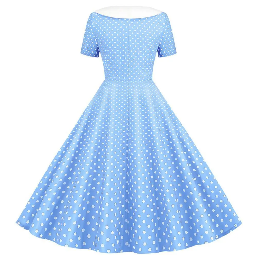 Robe vintage Bleue Ciel à Pois Blancs 50's Classe